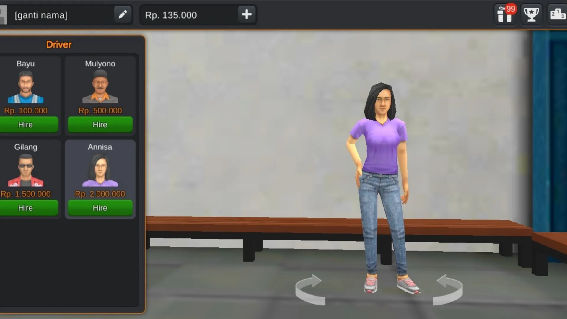 Screenshots from the bus simulator Indonesia mod APK game showing multiple driver avatars to choose