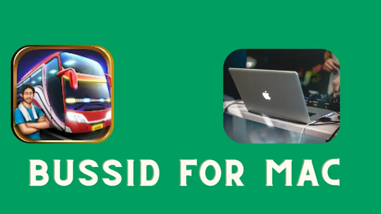 Promotional banner of Bus Simulator Indonesia APK for MAC: showing BUSSID logo and MAC computer