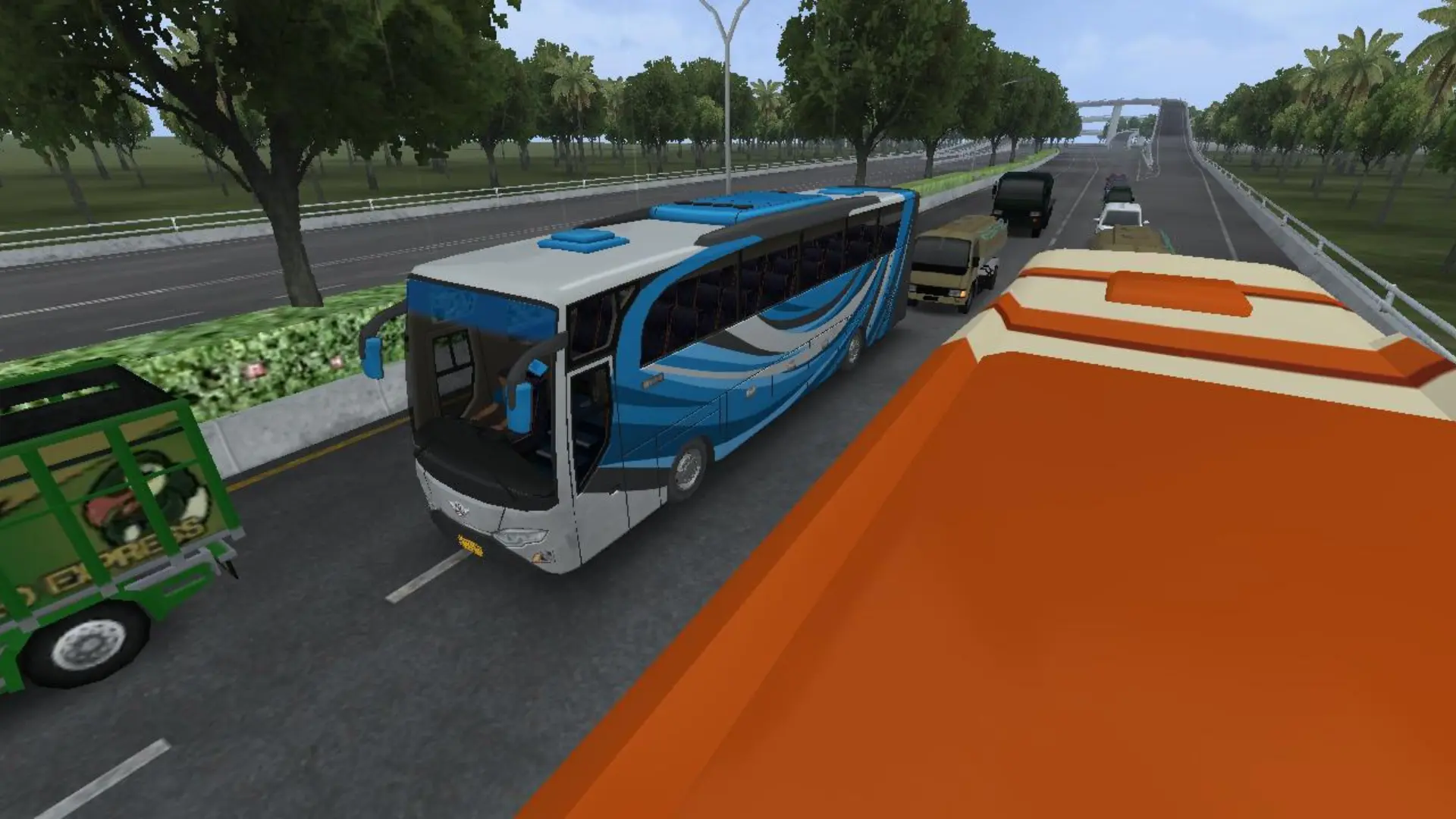 Screenshots from the Bus Simulator Indonesia mod apk showing the virtual bus travelling on the road