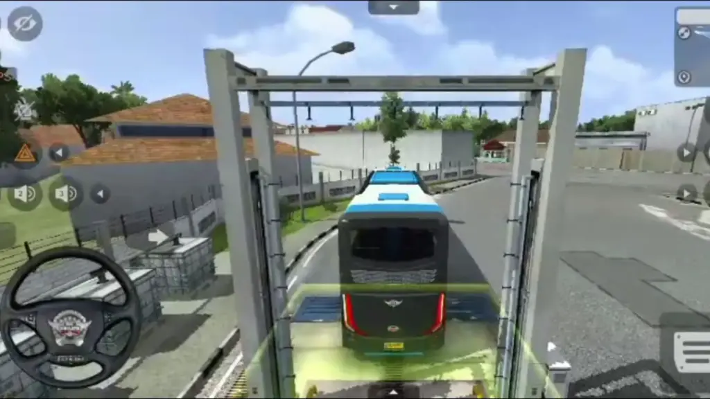 Screenshots from the Bus Simulator Indonesia mod apk showing the virtual bus undergoing wash in the wash station