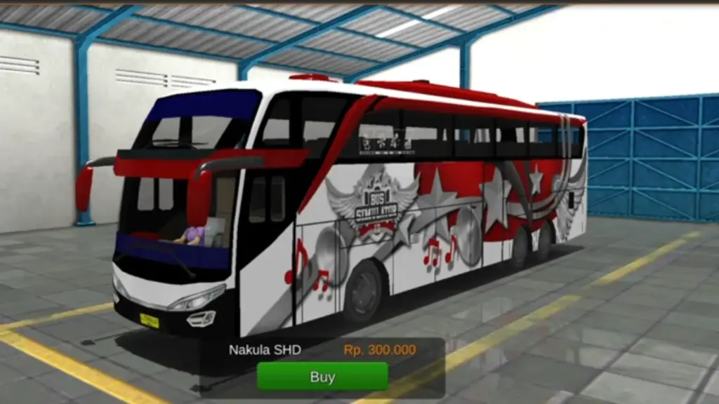 Screenshots from the Bus Simulator Indonesia mod apk show the virtual double-decker available for purchase