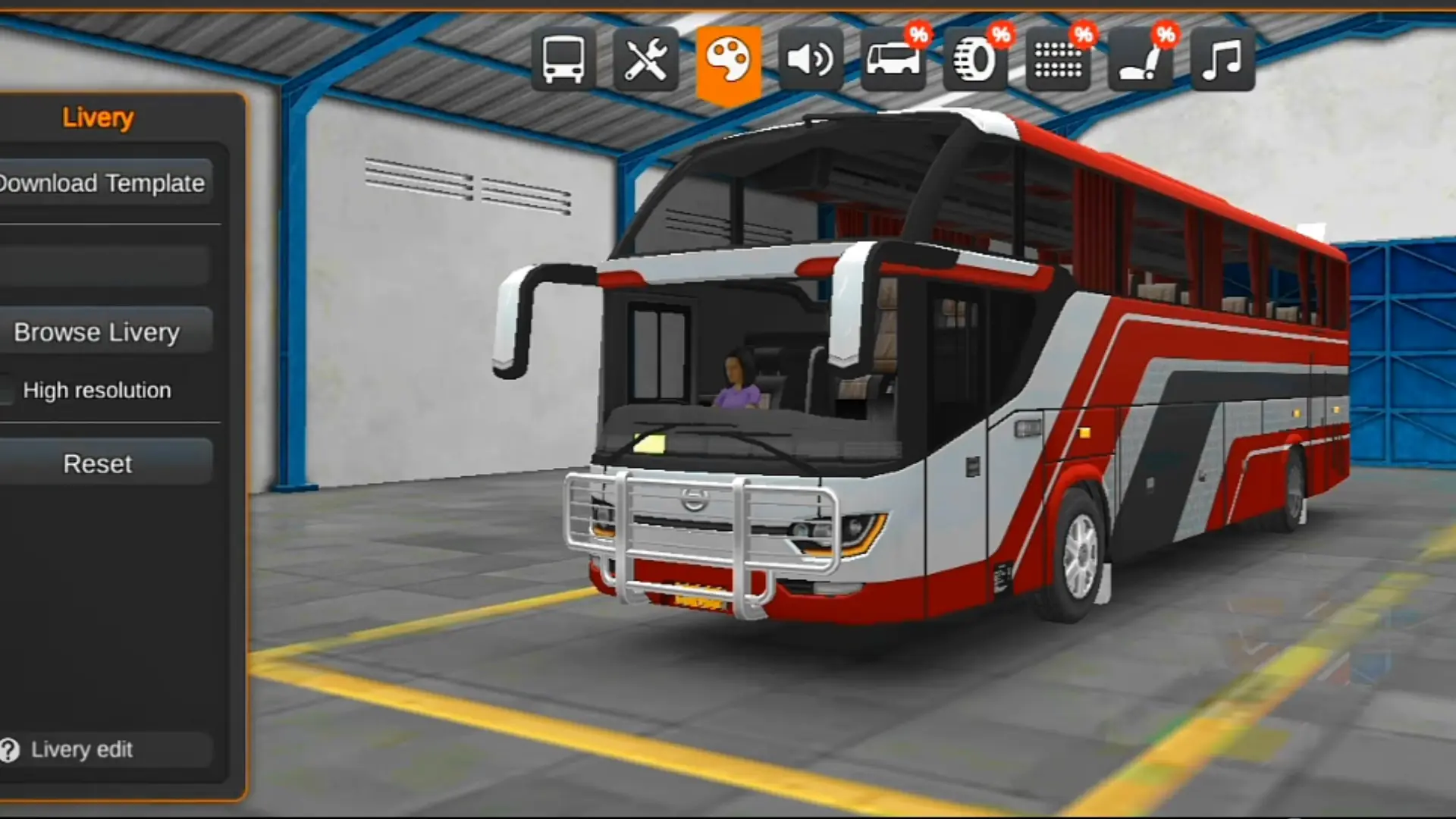 Screenshots from the Bus Simulator Indonesia mod apk show the livery customizations interface