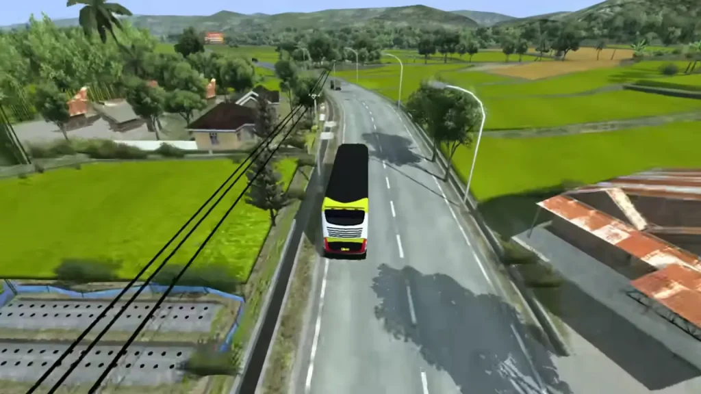 image of bus driving on village road in the bus simulator Indonesia game